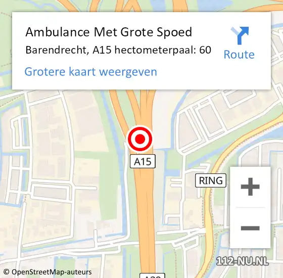 Locatie op kaart van de 112 melding: Ambulance Met Grote Spoed Naar Barendrecht, A15 hectometerpaal: 60 op 12 augustus 2022 07:31
