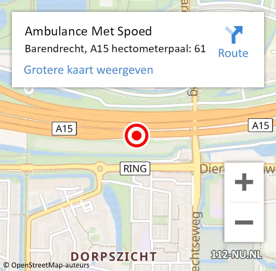 Locatie op kaart van de 112 melding: Ambulance Met Spoed Naar Barendrecht, A15 hectometerpaal: 61 op 12 augustus 2022 08:02