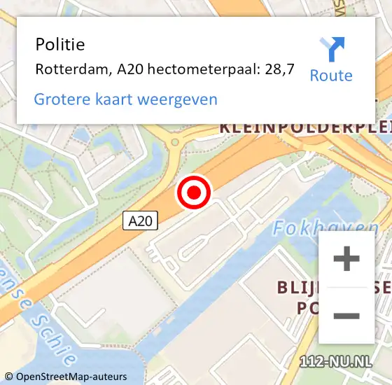 Locatie op kaart van de 112 melding: Politie Rotterdam, A20 hectometerpaal: 28,7 op 12 augustus 2022 08:33
