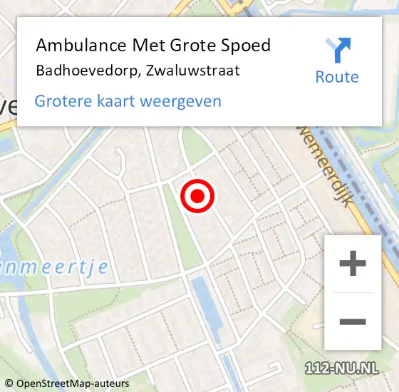 Locatie op kaart van de 112 melding: Ambulance Met Grote Spoed Naar Badhoevedorp, Zwaluwstraat op 12 augustus 2022 08:44