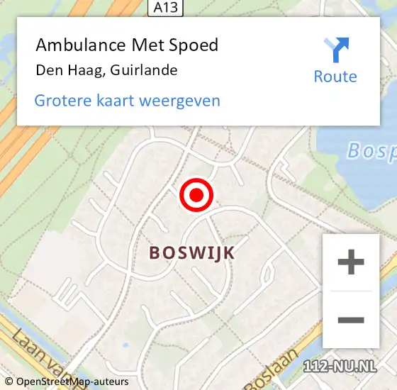 Locatie op kaart van de 112 melding: Ambulance Met Spoed Naar Den Haag, Guirlande op 12 augustus 2022 10:49