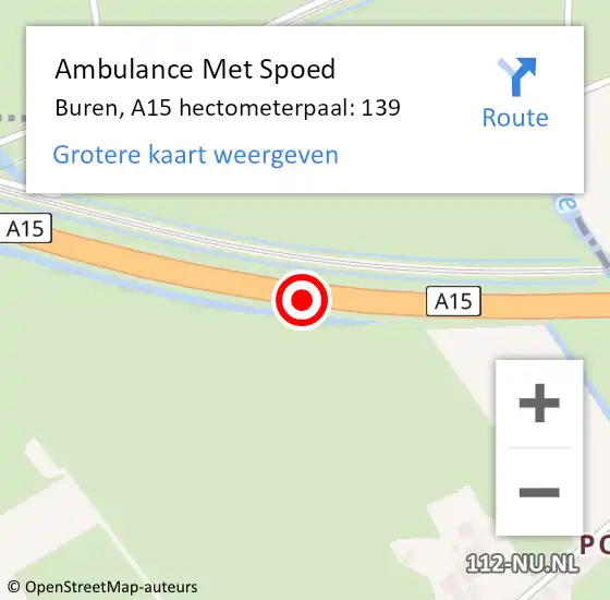 Locatie op kaart van de 112 melding: Ambulance Met Spoed Naar Buren, A15 hectometerpaal: 139 op 12 augustus 2022 11:18