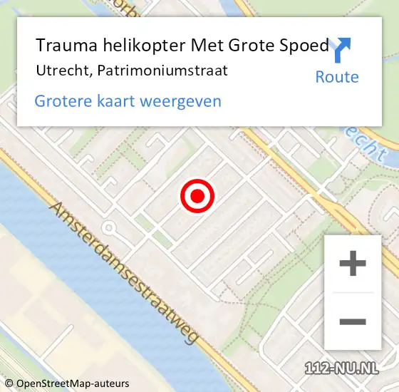 Locatie op kaart van de 112 melding: Trauma helikopter Met Grote Spoed Naar Utrecht, Patrimoniumstraat op 12 augustus 2022 11:19