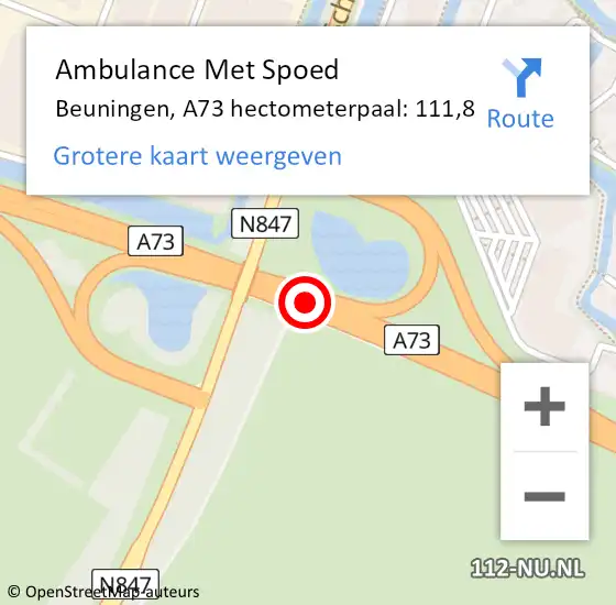 Locatie op kaart van de 112 melding: Ambulance Met Spoed Naar Beuningen, A73 hectometerpaal: 111,8 op 12 augustus 2022 14:20