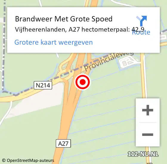 Locatie op kaart van de 112 melding: Brandweer Met Grote Spoed Naar Vijfheerenlanden, A27 hectometerpaal: 42,9 op 12 augustus 2022 14:37