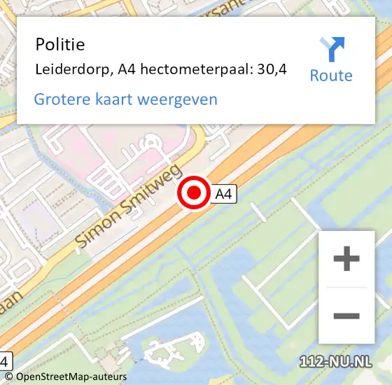 Locatie op kaart van de 112 melding: Politie Leiderdorp, A4 hectometerpaal: 30,4 op 12 augustus 2022 14:59