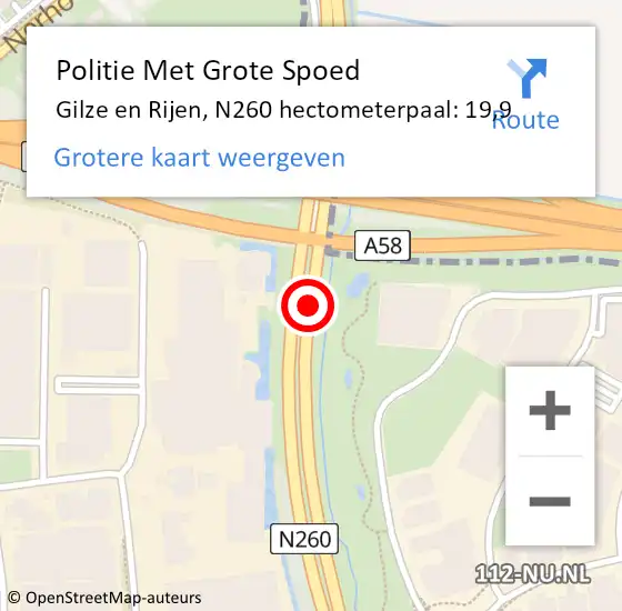 Locatie op kaart van de 112 melding: Politie Met Grote Spoed Naar Gilze en Rijen, N260 hectometerpaal: 19,9 op 12 augustus 2022 15:27