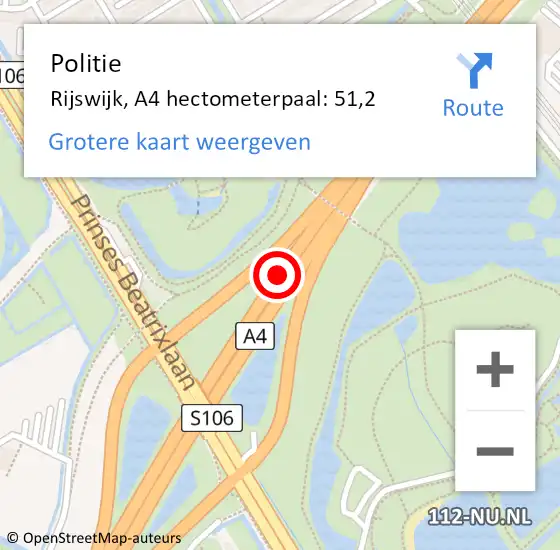 Locatie op kaart van de 112 melding: Politie Rijswijk, A4 hectometerpaal: 51,2 op 12 augustus 2022 16:19