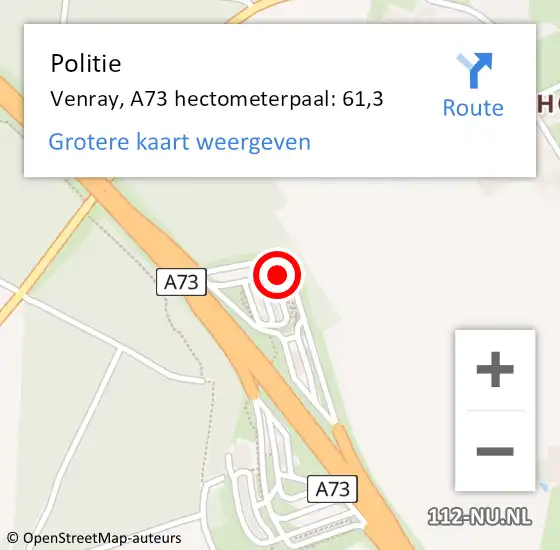 Locatie op kaart van de 112 melding: Politie Venray, A73 hectometerpaal: 61,3 op 12 augustus 2022 16:31