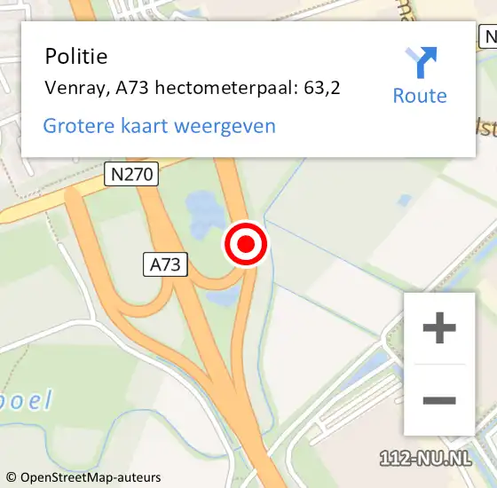 Locatie op kaart van de 112 melding: Politie Venray, A73 hectometerpaal: 63,2 op 12 augustus 2022 16:32