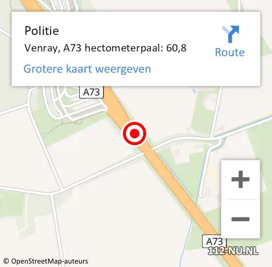 Locatie op kaart van de 112 melding: Politie Venray, A73 hectometerpaal: 60,8 op 12 augustus 2022 16:32