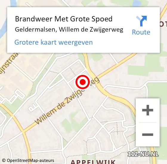 Locatie op kaart van de 112 melding: Brandweer Met Grote Spoed Naar Geldermalsen, Willem de Zwijgerweg op 12 augustus 2022 17:35