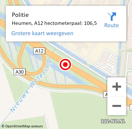 Locatie op kaart van de 112 melding: Politie Heumen, A12 hectometerpaal: 106,5 op 12 augustus 2022 19:33