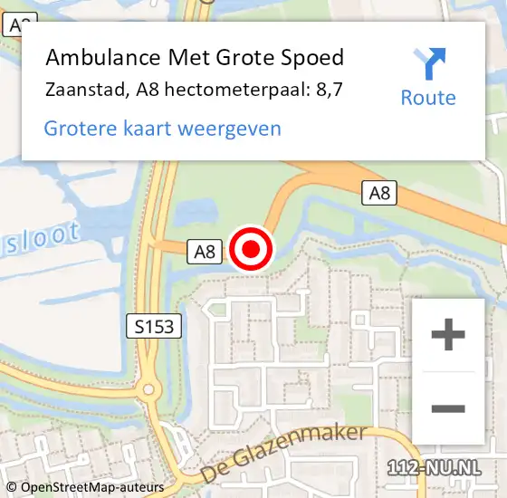 Locatie op kaart van de 112 melding: Ambulance Met Grote Spoed Naar Zaanstad, A8 hectometerpaal: 8,7 op 12 augustus 2022 19:51
