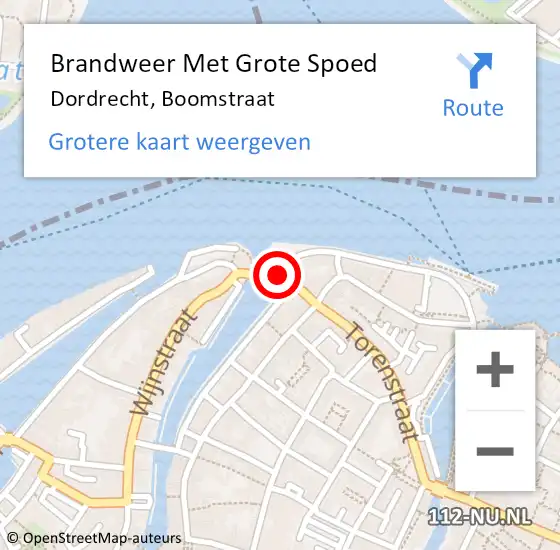 Locatie op kaart van de 112 melding: Brandweer Met Grote Spoed Naar Dordrecht, Boomstraat op 12 augustus 2022 22:18