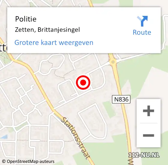 Locatie op kaart van de 112 melding: Politie Zetten, Brittanjesingel op 13 augustus 2022 00:12