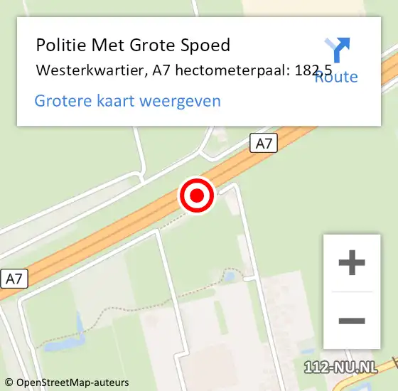 Locatie op kaart van de 112 melding: Politie Met Grote Spoed Naar Westerkwartier, A7 hectometerpaal: 182,5 op 13 augustus 2022 00:15
