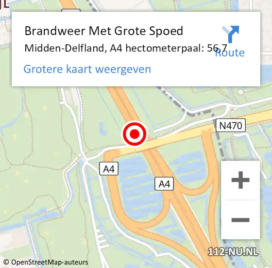 Locatie op kaart van de 112 melding: Brandweer Met Grote Spoed Naar Delft, A4 hectometerpaal: 56,7 op 13 augustus 2022 01:17