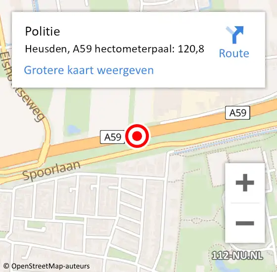 Locatie op kaart van de 112 melding: Politie Heusden, A59 hectometerpaal: 120,8 op 13 augustus 2022 05:48