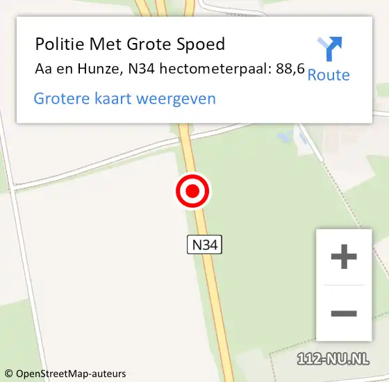 Locatie op kaart van de 112 melding: Politie Met Grote Spoed Naar Aa en Hunze, N34 hectometerpaal: 88,6 op 13 augustus 2022 05:55