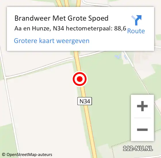 Locatie op kaart van de 112 melding: Brandweer Met Grote Spoed Naar Aa en Hunze, N34 hectometerpaal: 88,6 op 13 augustus 2022 05:59