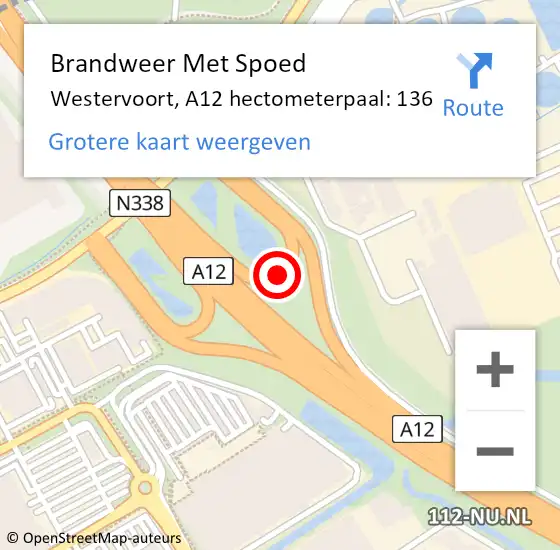 Locatie op kaart van de 112 melding: Brandweer Met Spoed Naar Westervoort, A12 hectometerpaal: 136 op 13 augustus 2022 06:16