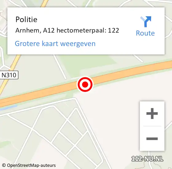 Locatie op kaart van de 112 melding: Politie Arnhem, A12 hectometerpaal: 122 op 13 augustus 2022 09:22