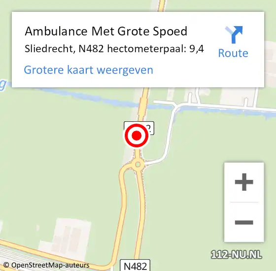 Locatie op kaart van de 112 melding: Ambulance Met Grote Spoed Naar Sliedrecht, N482 hectometerpaal: 9,4 op 13 augustus 2022 10:17