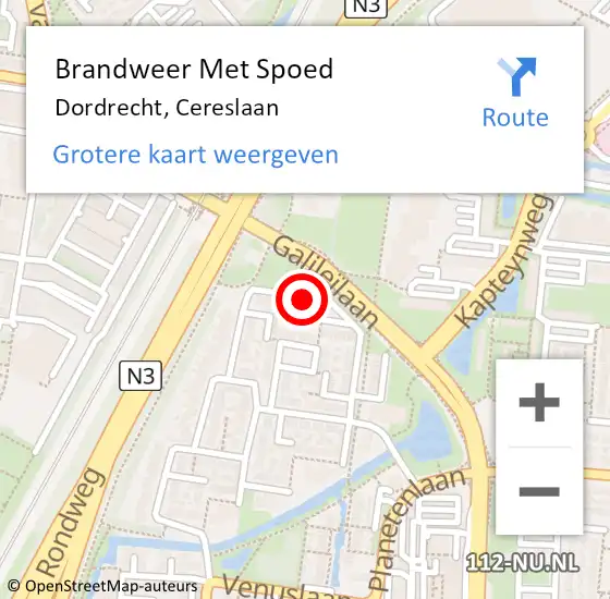 Locatie op kaart van de 112 melding: Brandweer Met Spoed Naar Dordrecht, Cereslaan op 13 augustus 2022 10:22