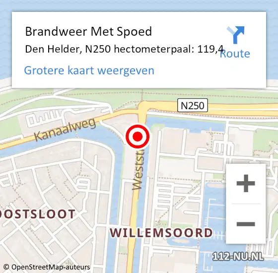 Locatie op kaart van de 112 melding: Brandweer Met Spoed Naar Den Helder, N250 hectometerpaal: 119,4 op 13 augustus 2022 11:20