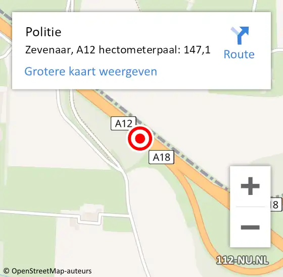 Locatie op kaart van de 112 melding: Politie Zevenaar, A12 hectometerpaal: 147,1 op 13 augustus 2022 12:56