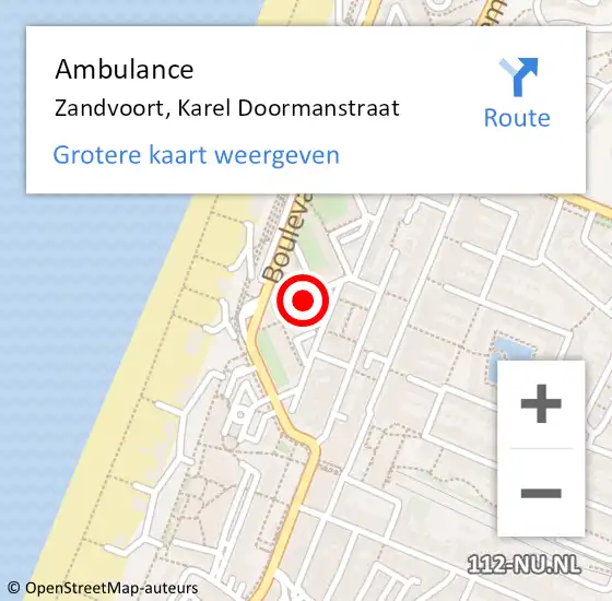 Locatie op kaart van de 112 melding: Ambulance Zandvoort, Karel Doormanstraat op 13 augustus 2022 13:08