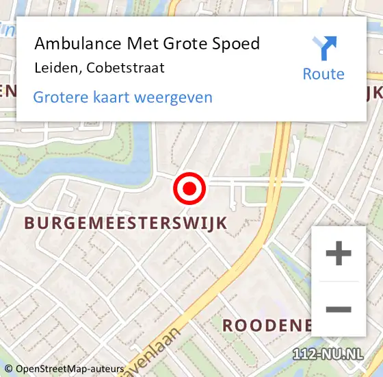 Locatie op kaart van de 112 melding: Ambulance Met Grote Spoed Naar Leiden, Cobetstraat op 13 augustus 2022 14:02