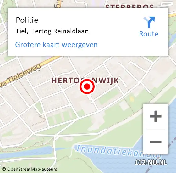 Locatie op kaart van de 112 melding: Politie Tiel, Hertog Reinaldlaan op 13 augustus 2022 14:26