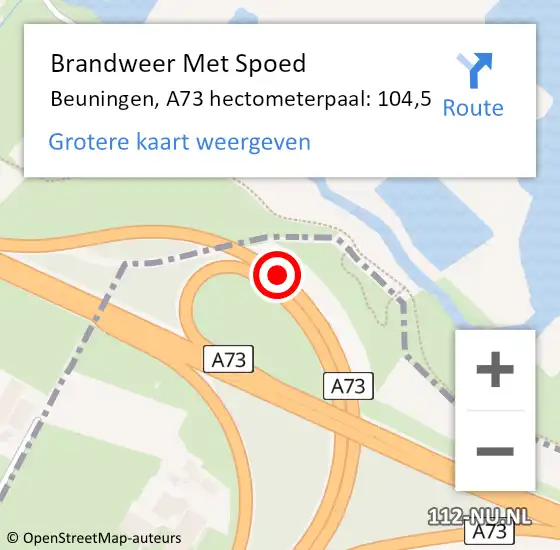 Locatie op kaart van de 112 melding: Brandweer Met Spoed Naar Beuningen, A73 hectometerpaal: 104,5 op 13 augustus 2022 14:44