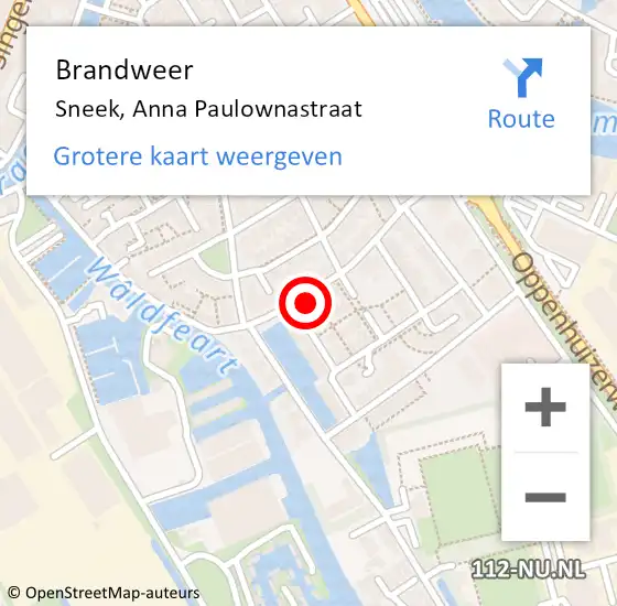 Locatie op kaart van de 112 melding: Brandweer Sneek, Anna Paulownastraat op 13 augustus 2022 15:34