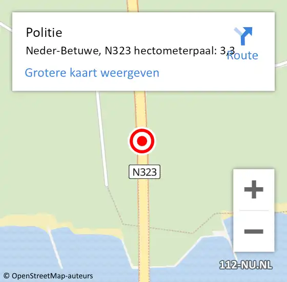 Locatie op kaart van de 112 melding: Politie Neder-Betuwe, N323 hectometerpaal: 3,3 op 13 augustus 2022 16:01