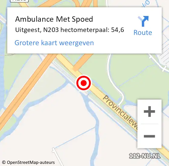 Locatie op kaart van de 112 melding: Ambulance Met Spoed Naar Uitgeest, N203 hectometerpaal: 54,6 op 13 augustus 2022 16:04