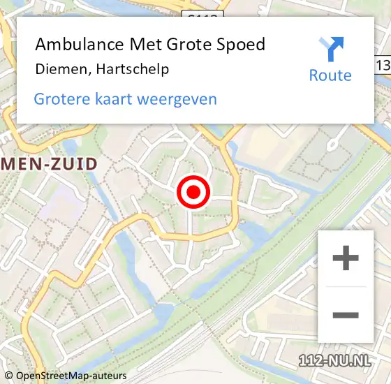 Locatie op kaart van de 112 melding: Ambulance Met Grote Spoed Naar Diemen, Hartschelp op 13 augustus 2022 16:36