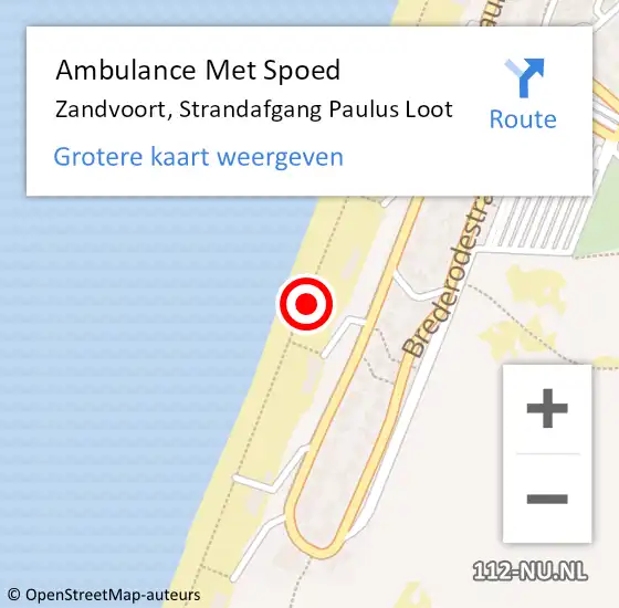 Locatie op kaart van de 112 melding: Ambulance Met Spoed Naar Zandvoort, Strandafgang Paulus Loot op 13 augustus 2022 17:37