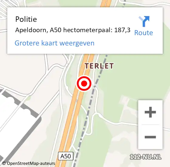 Locatie op kaart van de 112 melding: Politie Apeldoorn, A50 hectometerpaal: 187,3 op 13 augustus 2022 18:54