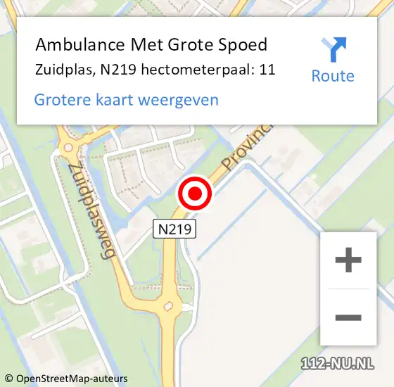 Locatie op kaart van de 112 melding: Ambulance Met Grote Spoed Naar Zuidplas, N219 hectometerpaal: 11 op 13 augustus 2022 19:16