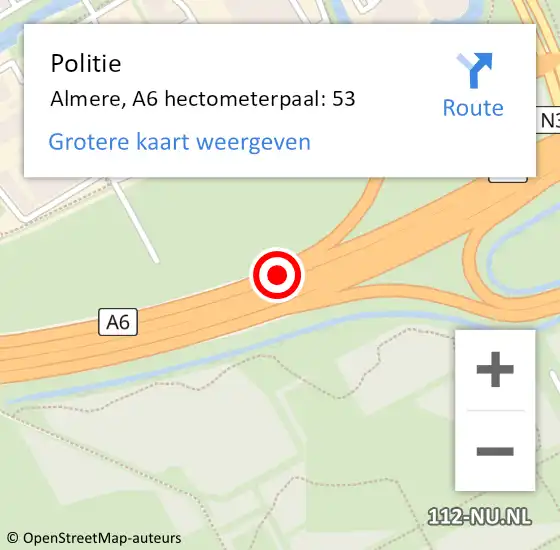 Locatie op kaart van de 112 melding: Politie Almere, A6 hectometerpaal: 53 op 13 augustus 2022 19:57