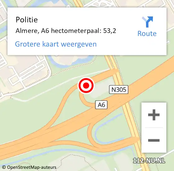 Locatie op kaart van de 112 melding: Politie Almere, A6 hectometerpaal: 53,2 op 13 augustus 2022 19:59