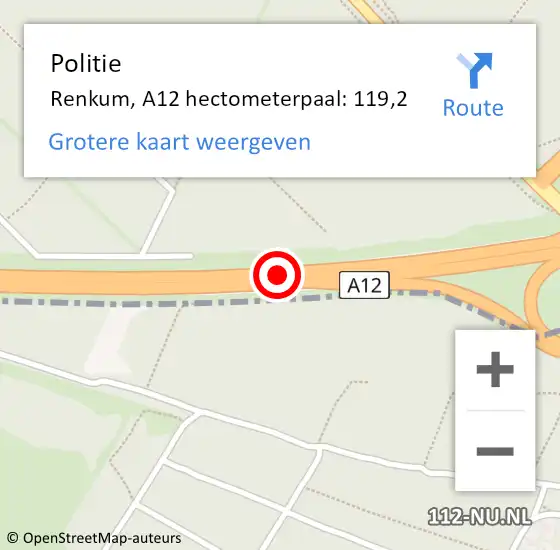 Locatie op kaart van de 112 melding: Politie Renkum, A12 hectometerpaal: 119,2 op 13 augustus 2022 21:21