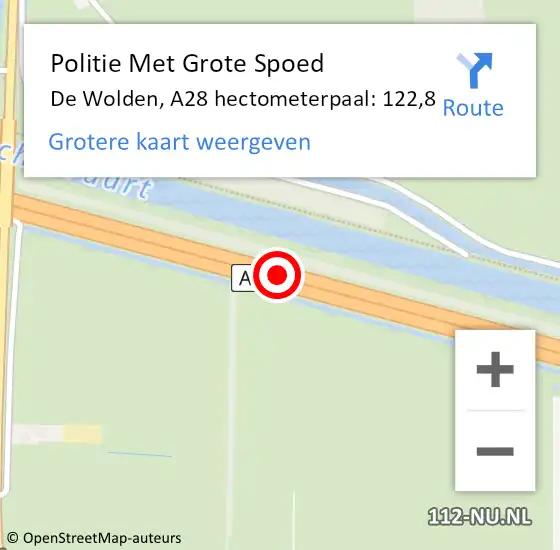 Locatie op kaart van de 112 melding: Politie Met Grote Spoed Naar De Wolden, A28 hectometerpaal: 122,8 op 13 augustus 2022 21:26