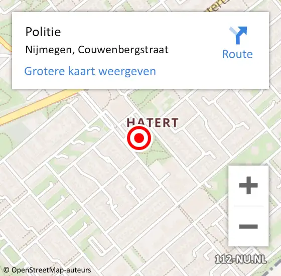 Locatie op kaart van de 112 melding: Politie Nijmegen, Couwenbergstraat op 13 augustus 2022 22:14