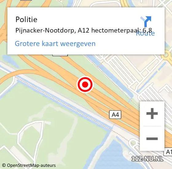 Locatie op kaart van de 112 melding: Politie Pijnacker-Nootdorp, A12 hectometerpaal: 6,8 op 13 augustus 2022 22:15