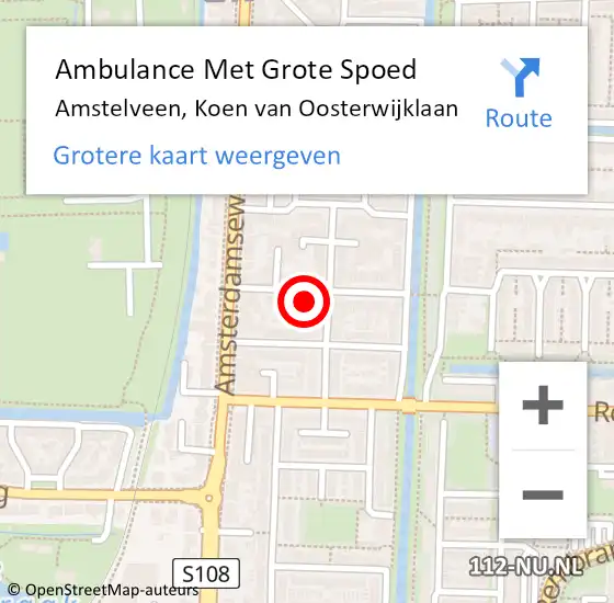 Locatie op kaart van de 112 melding: Ambulance Met Grote Spoed Naar Amstelveen, Koen van Oosterwijklaan op 13 augustus 2022 22:56