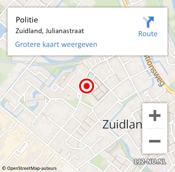 Locatie op kaart van de 112 melding: Politie Zuidland, Julianastraat op 13 augustus 2022 23:04